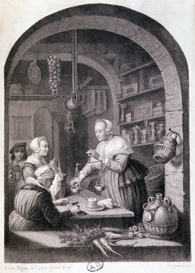 村の食料品商人が天秤を使って重さを測っています。18世紀 作： Gerrit or Gerard (after) Dou