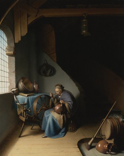 糸車でお粥を食べている年配の女性、ヘラルト・ドウ 作： Gerrit Dou