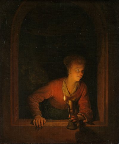 窓際の石油ランプを持つ少女、1645-75 作： Gerrit Dou