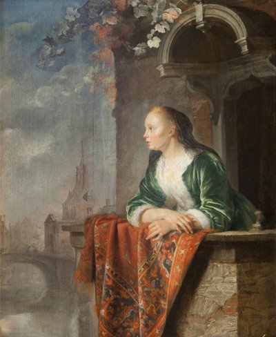 Jeune femme sur un balcon - バルコニーにいる若い女性 - Gerard (Gerrit) Dou (1613-1675).キャンバスに油彩、1665年頃プラハ、ナショナル・ギャラリー 作： Gerrit Dou