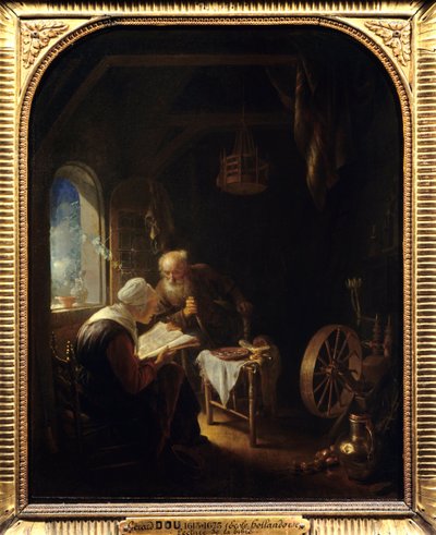 聖書を読む」「アンとトビー」ジェラルド・ドウ（1613-1675）の絵 Ec Hol 作： Gerrit Dou