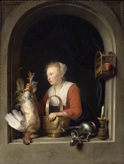 オランダの主婦、または窓に鳥を吊るす女、1650 作： Gerrit Dou