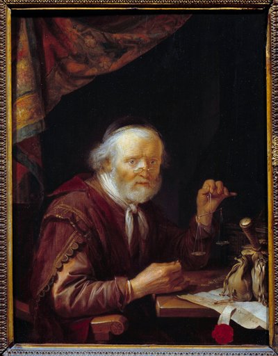 金の計量器。ジェラード・ドウ（1613-1675）の絵 Ec.Hol. 作： Gerrit Dou