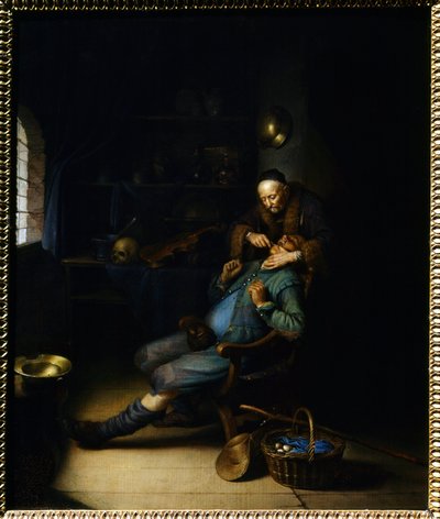 歯を抜く人。ジェラード・ドウ（またはゲリット・ダウ）（1613-1675）の絵 作： Gerrit Dou