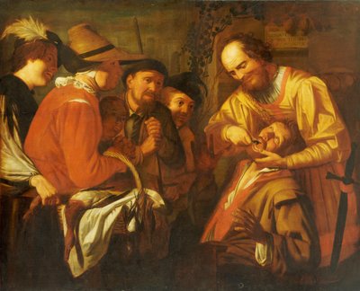 歯を抜くクワック歯科医、見物人のグループが近くで見ている間 作： Gerrit van Honthorst