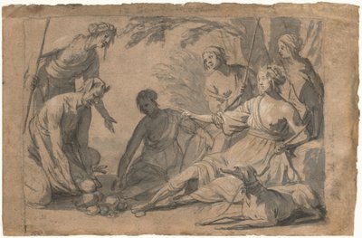 サテュロスから贈り物を受け取るダイアナと 4 人のニンフ 作： Gerrit van Honthorst