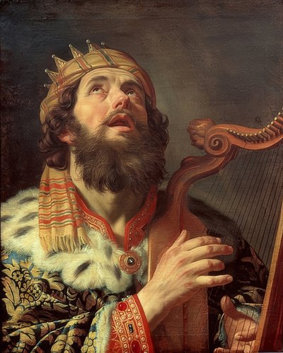 ダビデ王がハープを弾いています。 1622 作： Gerrit van Honthorst
