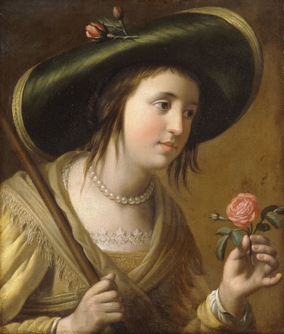 羊飼いとしてのエリザベス2世ファンデパルツ王女の肖像、バストの長さ、バラを抱えて、 作： Gerrit van Honthorst