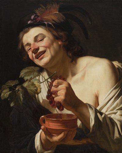 ブドウを絞る笑顔の若い男、1622 作： Gerrit van Honthorst