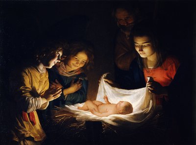キリストの子供への礼拝c。 1620 作： Gerrit van Honthorst
