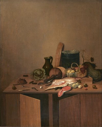 肉、魚、野菜のあるキッチンの静物 作： Gerrit van Vucht