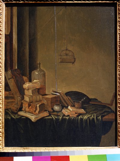 本のある静物。 Gerrit van Vucht (1600 年または 1620 年 - 1697 年頃) による絵画。 木に油彩、34 x 28 cm。 17世紀オランダの学校。 プーシキン美術館、モスクワ。 作： Gerrit van Vucht