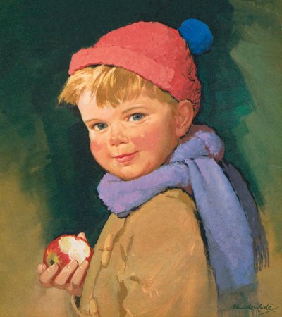 リンゴを食べる少年（カラーリトグラフ） 作： Gerritt Vandersyde