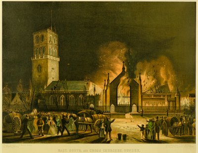 East, South and Cross Churches, Dundee [1841 年 1 月 3 日日曜日の朝、Fire に登場] (George McGillivray にちなんで)、1841 年頃 (リトグラフ) 作： Gershom Gourlay Cumming