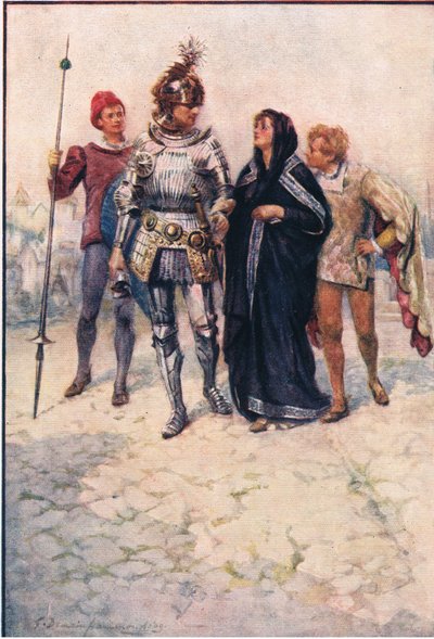 アーサー王子がベルジとその息子たちを城に連れて行く, 妖精の女王の物語, ジョージ・ハラップ・アンド・カンパニー発行 作： Gertrude E. Demain (after) Hammond