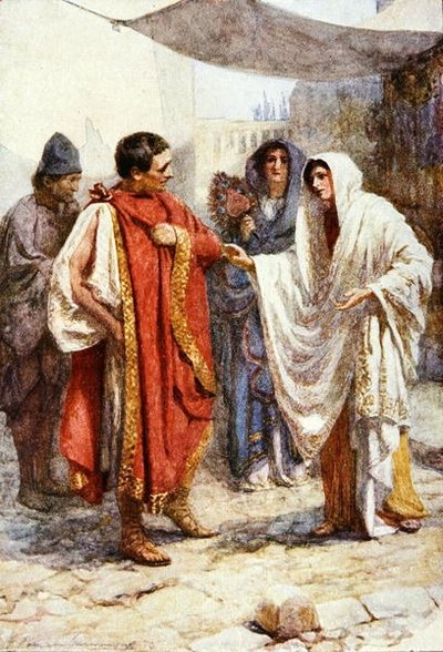 夫よ、なぜあなたは自分自身から離れているのですか？ 「Stories from Shakespeare: Retold by Thomas Carter」の「Comedy of Errors」のイラスト、1910 年頃に出版 (カラー リソ) 作： Gertrude E. Demain Hammond