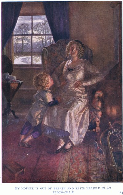 母は息を切らして肘掛け椅子に腰を下ろしている 作： Gertrude E. Demain Hammond