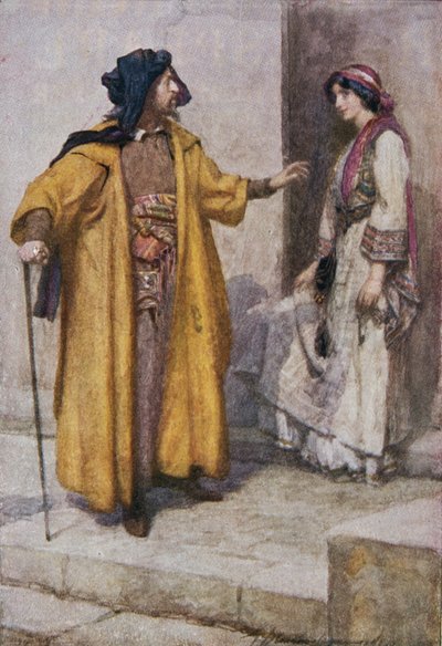 Shylock antoi hänelle avaimensa ja pyysi häntä vartioimaan taloa, kuvitus teoksesta "The Merchant of Venice" julkaisussa "Shakespeare: Tarinoita Thomas Carter" julkaistiin n. 1910 (värilitho) 作： Gertrude E. Demain Hammond