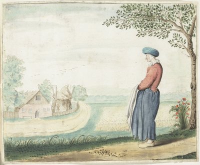風景の中の農民の女性 作： Gesina ter Borch (signed by artist)