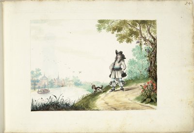 川沿いを歩く紳士 作： Gesina ter Borch (signed by artist)