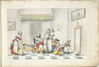 女性3人と子供がいる子供部屋 作： Gesina ter Borch (signed by artist)