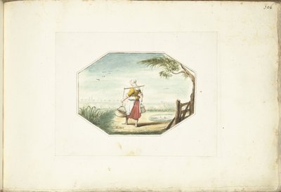風景の中のバケツを持つミルクメイド 作： Gesina ter Borch (signed by artist)