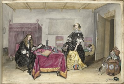 Sijbrant Schellinger と Jenneken ter Borch と 2 人の子供が室内にいる 作： Gesina ter Borch (signed by artist)