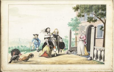 田舎の家のドアで女性に挨拶するカップル 作： Gesina ter Borch (signed by artist)