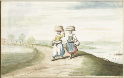 2 人の農民の女性が風景の中を歩く 作： Gesina ter Borch (signed by artist)