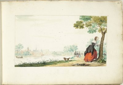 木に名前を書く女性 作： Gesina ter Borch (signed by artist)