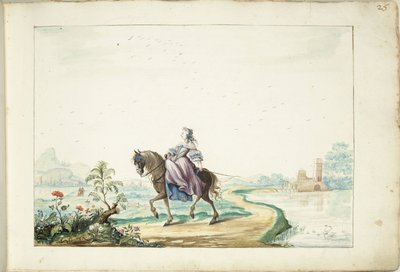 風景の中で馬に乗った女性 作： Gesina ter Borch (signed by artist)