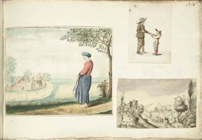 農夫の妻、リンゴを持った少年たち、丘陵の風景 作： Gesina ter Borch