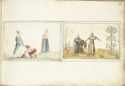 靴を結ぶ主とマントを示す隠者 作： Gesina ter Borch