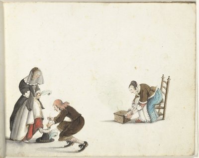 主は女性の靴を結び、女性はストーブに火を入れる 作： Gesina ter Borch