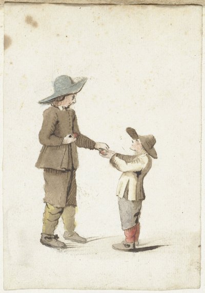 男の子が年下の男の子にリンゴをあげる 作： Gesina ter Borch