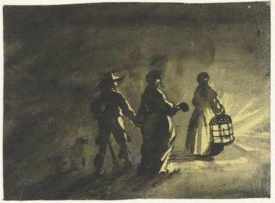 ナイトピース：提灯を持った女性の後ろを歩くカップル、後ろから 作： Gesina ter Borch