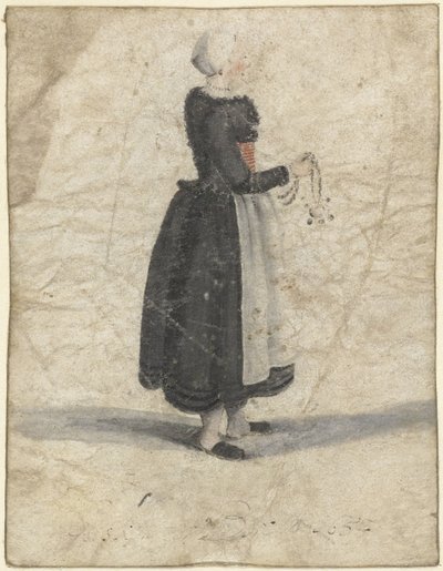 オーナメントやバッグを手に立っている北ホラント州の女性 作： Gesina ter Borch