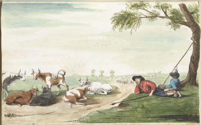 日の出または日没時の 2 つの牛飼い 作： Gesina ter Borch