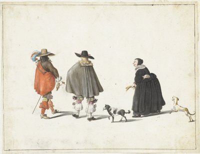 2 人の紳士と話している 2 匹の犬を連れた黒い服の女性 作： Gesina ter Borch