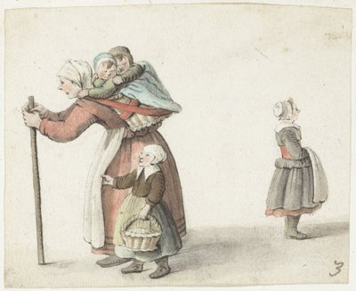 キャリング バスケットに 2 人の子供を持つ女性 作： Gesina ter Borch