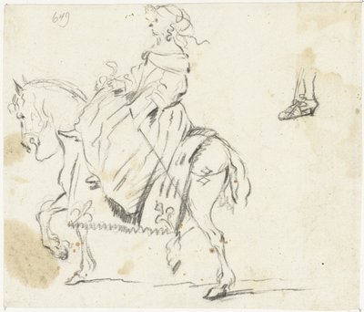 横から見た馬に乗った女性、下肢と足のスケッチ 作： Gesina ter Borch