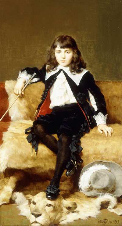 ライオンの皮で覆われたソファーに座っている男の子の肖像画 作： Geza Vastagh
