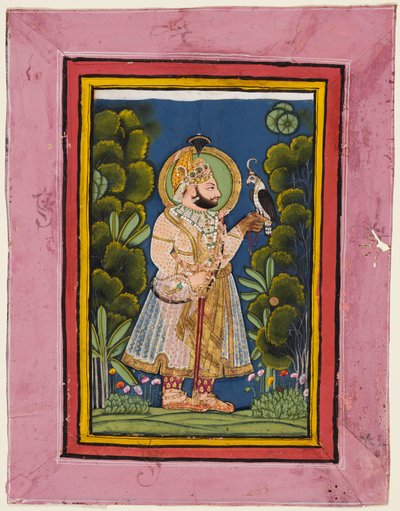 マハラナ ジャワン シン r. 1828-38 鷹を抱く森の中で、c. 1835年。 作： Ghasi
