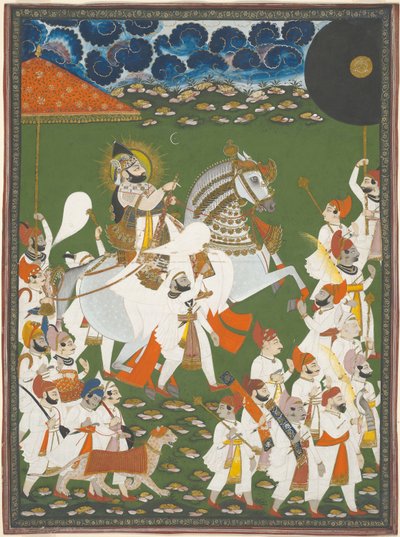 行列するマハラナ・ビム・シン 1820年頃 不透明水彩・金・紙 作： Ghasi Ghasi
