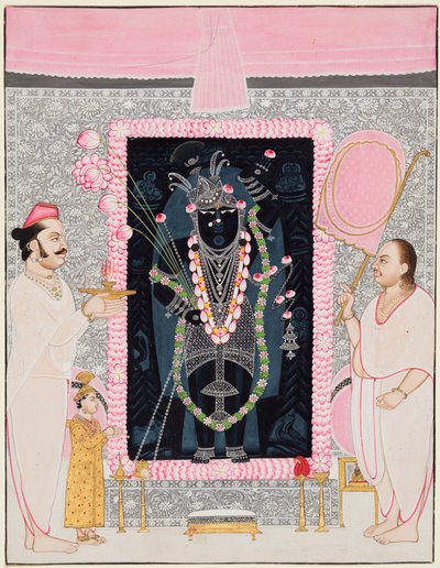 祭司長のTilakayat Govardhanlaljiが祝賀のためにShri Nathjiに供物を捧げる..., 1890年頃 作： Ghasiram Hardev Sharma