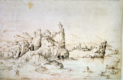 山の風景の岩の上の城、1540年。 作： Gherado Cibo