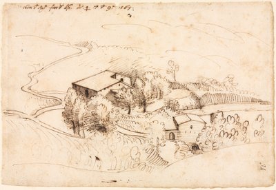 丘陵地帯にある木々のある農場、1567年。 作： Gherado Cibo