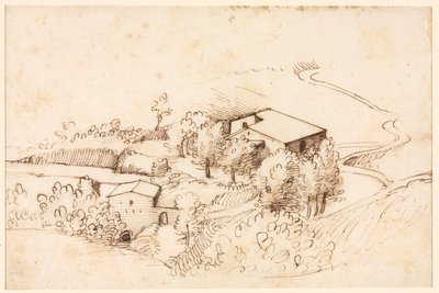 丘陵風景の中の木のある農場 (裏面) 作： Gherardo Cibo