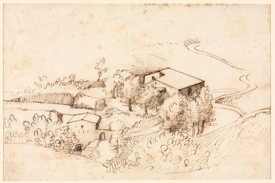 丘陵風景の中の木のある農場 verso、1567 年。 作： Gherardo Cibo