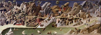 La thebaide des hermits 砂漠での隠者の生活を描いたもので、ゲラルド・スタルニーナ（14-15世紀）の作とされる木版デトレム。1400 約Dim 2x0.8 m フィレンツェ、ガッレリア・デッリ・ウフィツィ（ウフィツィ美術館 作： Gherardo Starnina